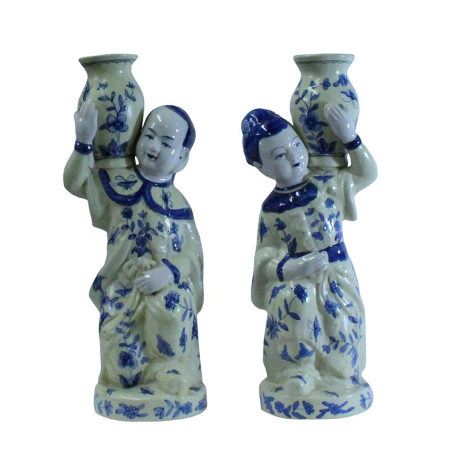 Oriental Ceramic Cream Yellow Blue Couple Holding Jar Figures - a Pair For Sale