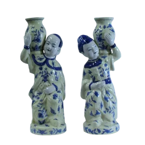 Oriental Ceramic Cream Yellow Blue Couple Holding Jar Figures - a Pair