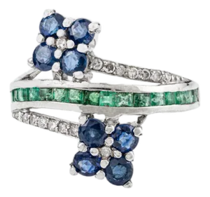 925 Silver Emerald, Sapphire & Diamond Double Flower Bypass Designer Anniversary Ring - Size 7