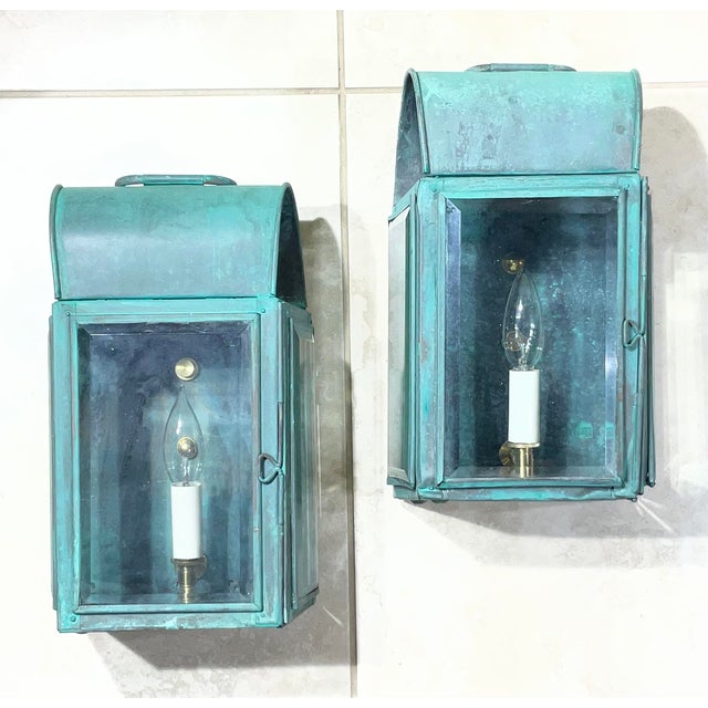 Pair of Antique Verdigris Copper Wall Lanterns – Converted & Electrified For Sale - Image 10 of 17