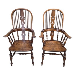 Antique Victorian Yew Wood Broad Arm Windsor Chairs – Pair For Sale