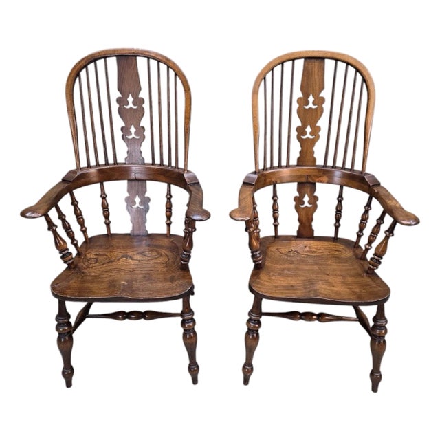 Antique Victorian Yew Wood Broad Arm Windsor Chairs – Pair For Sale