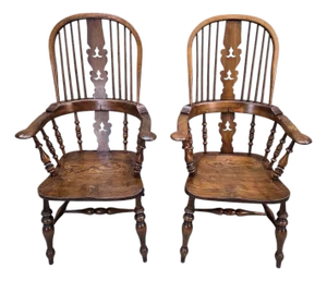 Antique Victorian Yew Wood Broad Arm Windsor Chairs – Pair
