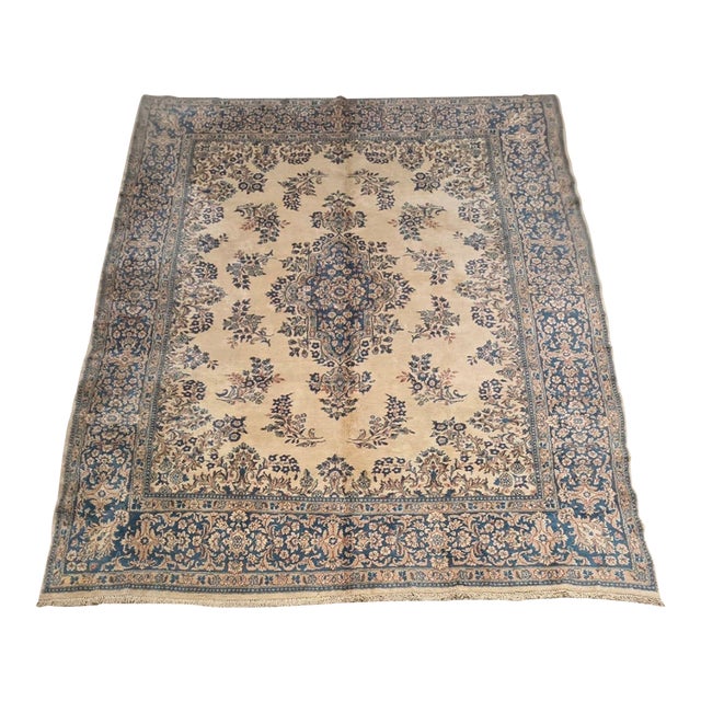 Vintage Mid-20th Century Persian Kerman Rug – Ivory & Dusty Blue – 9’3” X 13’ For Sale