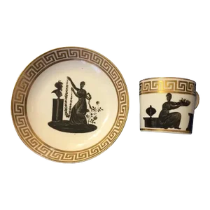 1800 - 1805 English Georgian Coalport Coffee Cup & Saucer Decorated with Neoclassical Silhouettes en Grisaille - A Pair