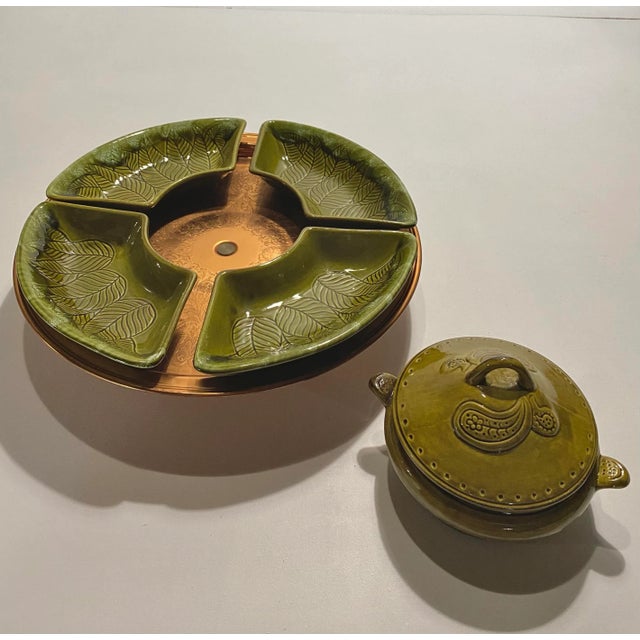 Mid-Century Modern Charcuterie Server, Rotating Ceramic Topper on Copper Color Raised Pedestal Base For Sale - Image 11 of 12