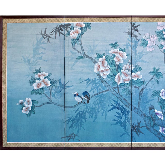 Lovely Chinese 4-panel folding painted silk screen depicts Blue Jay birds on a branch of big Magnolia Tree. Unsigned....