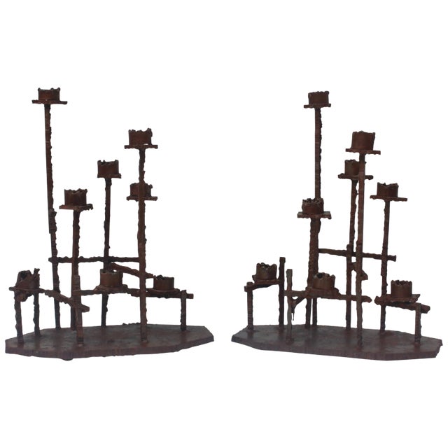 Paul Evans Attributed Welded Steel Brutalist Candlesticks For Sale