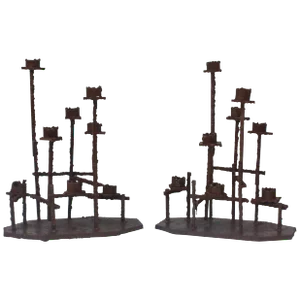 Paul Evans Attributed Welded Steel Brutalist Candlesticks