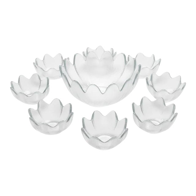 Vintage Blenko Lotus Bowl Set Clear Textured Art Glass Salad Berry - 9 pcs For Sale