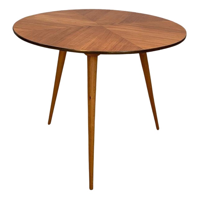 Round Wooden Table with Brass Top Edge and Three Legs, Itlay, 1950s For Sale