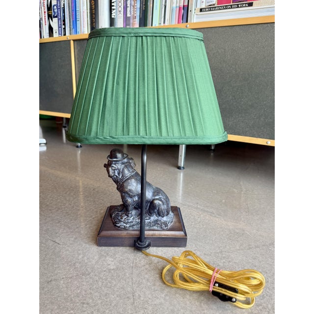 Wood Vintage Mario Buatta Frederick Cooper Bronze Bulldog Lamp Original Green Shade For Sale - Image 7 of 16