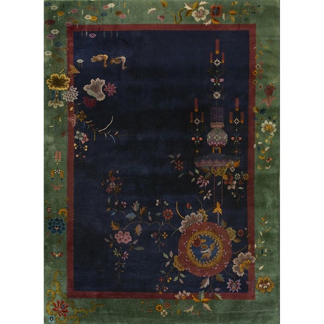 Navy Blue 1920s Navy Blue Floral Vase Antique Chinese Art Deco Carpet 8' 10" X 11' 6" Rug For Sale - Image 8 of 8