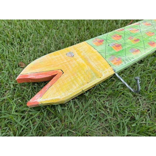 Hand-Painted Folk Art Fish Wall Towel Rack With Metal Hooks For Sale In Naples, FL - Image 6 of 8