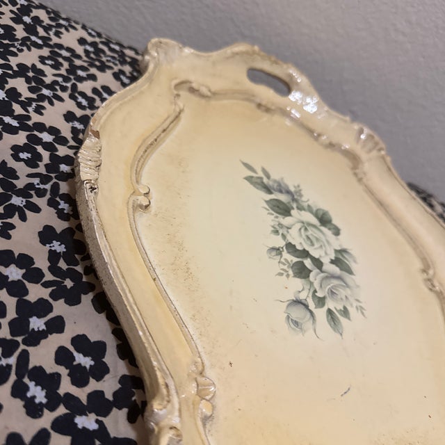 Vintage Italian Florentine Wood Serving Tray - Hand-Painted Roses & Scalloped Gilt Edge For Sale In New Orleans - Image 6 of 7