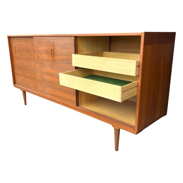 Danish Modern Scandinavian Walnut Credenza – Sliding Doors, Recessed Pulls, Restored For Sale - Image 11 of 14