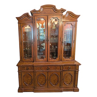 1960s Vintage Thomasville Spanish Revival Walnut Breakfront Lighted China Cabinet - 2 Pieces For Sale