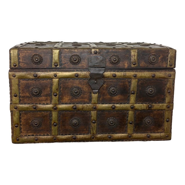 Antique Anglo-Indian Wood and Brass-Bound Trunk, 19th Century For Sale
