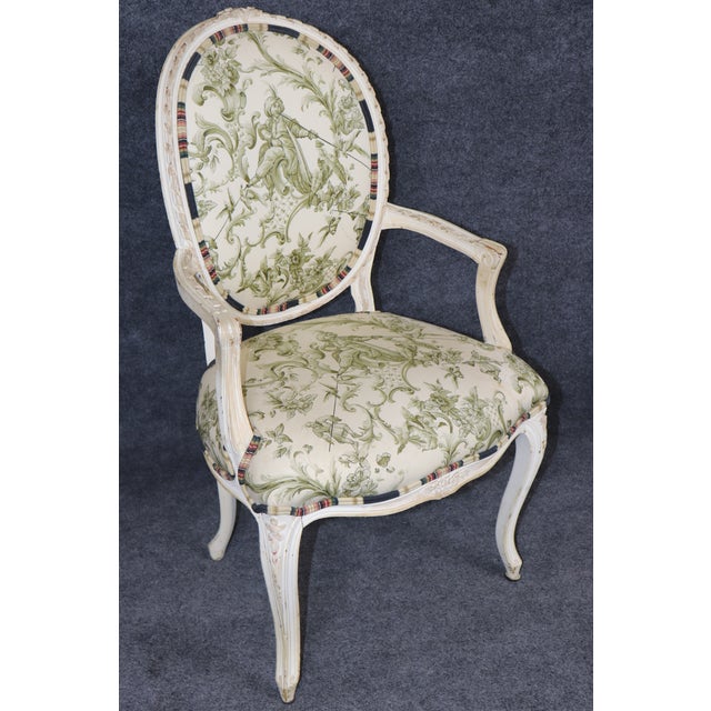Textile Pair of Distressed French Louis XV Style Painted Arm Chairs W/ Toile Upholstery For Sale - Image 7 of 14
