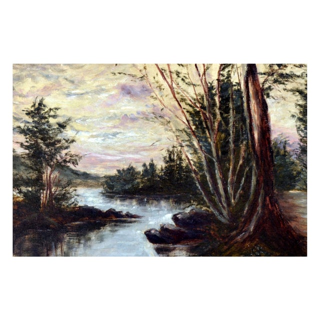 Beautiful turn-of-the-century landscape of a path along a river bend by Alice L. Meussdorffer, a pupil of William Keith,...