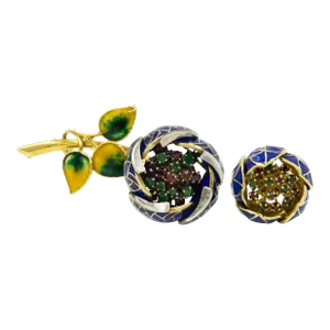 Plique à Jour Enamel Ruby Emerald en Tremblant Flower Gold Brooch Matching Ring - 2 Pieces