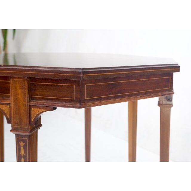 Very Ornate Delicate Lines Walnut Inlay Stretched Hexagon Lamp Side Table Mint For Sale - Image 4 of 16