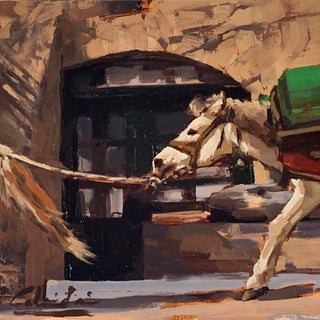 Donkey Tales 2 by Calvin Lai | Oil on Artefex panel of a donkey pulling a cart. For Sale