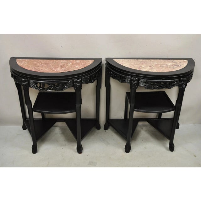 Vintage Chinese Chinoiserie Black Demilune Pink Marble Top Oriental Console Tables - a Pair. Items feature half round...