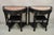 Vintage Chinese Chinoiserie Black Demilune Pink Marble Top Oriental Console Tables - a Pair. Items feature half round...