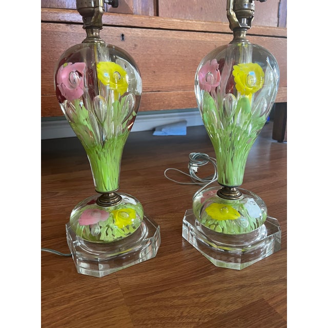 For your consideration is a stunning, matching pair of authentic St. Clair "House of Glass" 4-flower paperweight lamps....