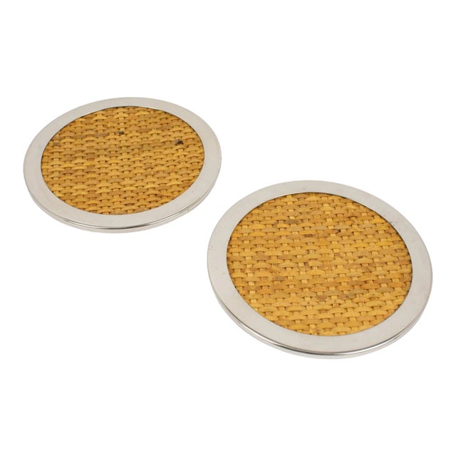 Tommaso Barbi Wicker and Chrome Set of Two Coasters, 1970s For Sale