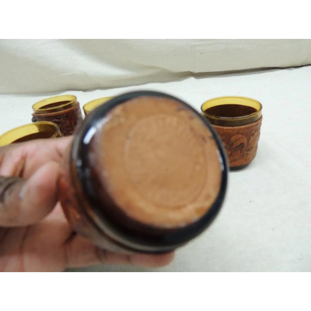 Contemporary Vintage Hand Blown Shot Glasses Wrapped in Embossed Leather - Set of 6 For Sale - Image 3 of 10