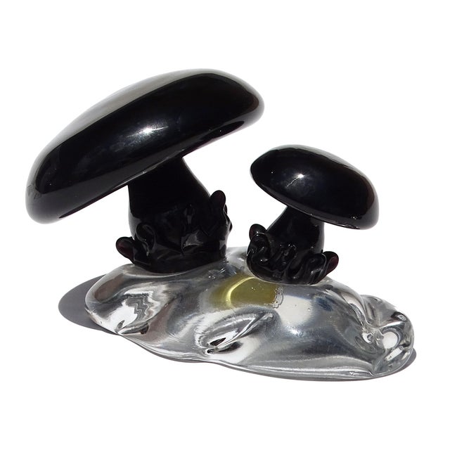 Mid 20th Century Vintage Seguso Murano Label Black Shiitake or Portobello Mushrooms Italian Art Glass Paperweight Sculpture For Sale - Image 5 of 10
