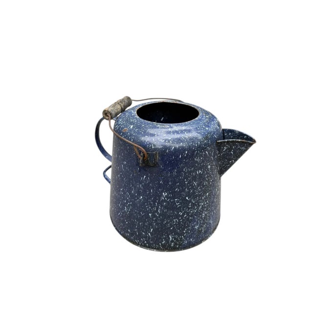 Wood Vintage Large Blue Speckled Enamel Federal Graniteware Coffee Pot For Sale - Image 7 of 10