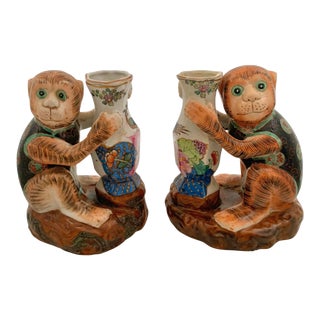 Vintage Pair Oriental Figurine Monkey Holding Vase With Asian Design For Sale
