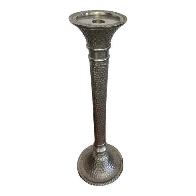 Vintage Hammered Metal Tall Taper Candle Holder Candlestick Silver Tone Decor For Sale