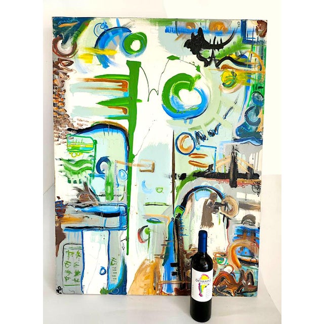 Wood 1990s Vintage Large Abstract Neo Expressionist Oil on Canvas Painting in the Style of Jean Michel Basquiat For Sale - Image 7 of 11