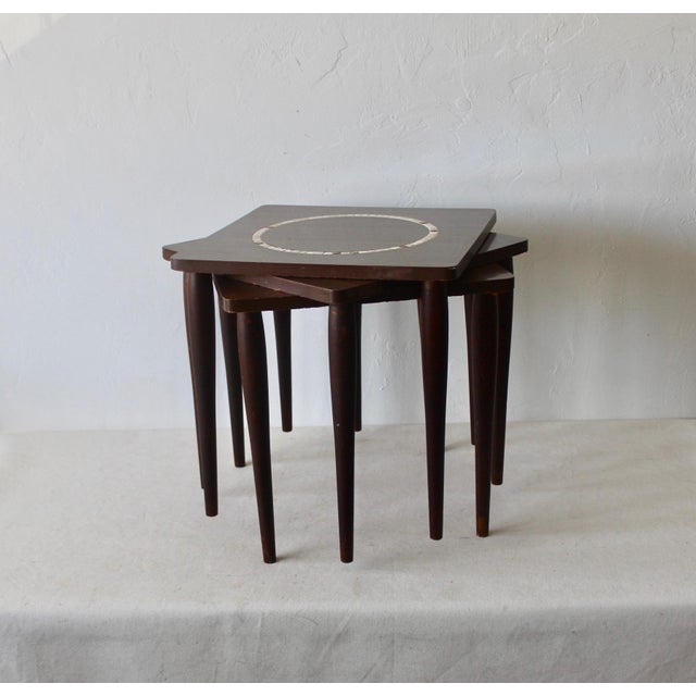 1960s Mid Century Square Laminated Stacking Side Tables Ceramic Tile Accent Detail-Set of Three For Sale - Image 11 of 11