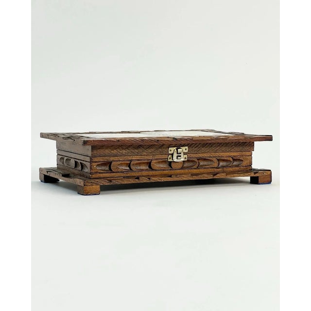 Cool vintage 70's Mexican folk art carved wooden box with decorative Orion tiles on the top Monterrey, Mexico. Nice...