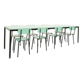Large Pistachio Green Laminate Table & Suspended Chairs, Set of 9 For Sale