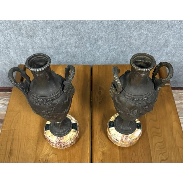 Pair of napoleon iii period vases or cassolettes in spelter and siena marble decorated with ribboned attributes, floral...