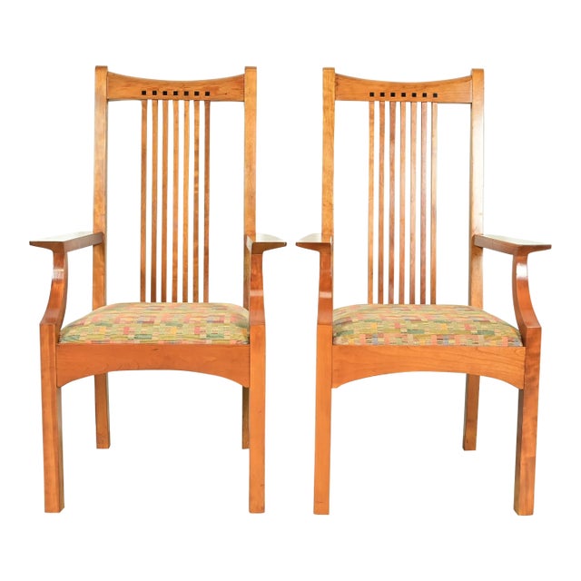 Stickley Arts & Crafts Cherry Wood High Back Spindle Armchairs, Pair For Sale