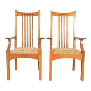 Stickley Arts & Crafts Cherry Wood High Back Spindle Armchairs, Pair