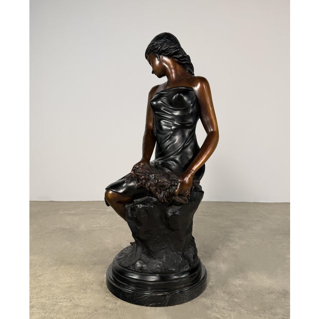 Metal Large Classical Bronze Sculpture of Seated Woman With Flowers - 32” H For Sale - Image 7 of 11