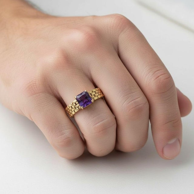 Watch Band Shaped Ring with amethyst for Men, silver, gold. Men’s Amethyst Watch Band Ring, Gold Plated Silver Statement...