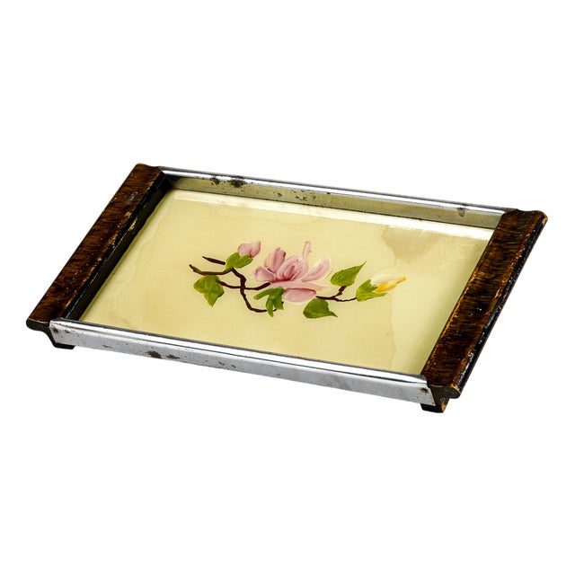 Small Metal and Wood Tray with Painted Flowers, 1950s For Sale