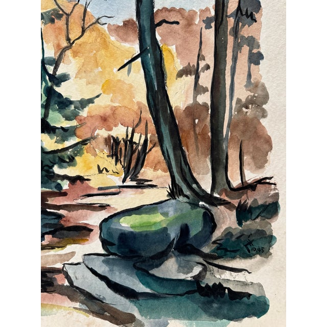 Rustic Henry Emil Salloch Original Watercolor on Paper Autumn Forest Clearing, 1945 For Sale - Image 3 of 7