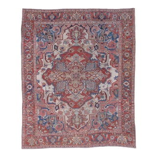 Antique Persian Heriz Carpet Handmade Wool Oriental Rug, Light, Pink, Light Blue For Sale