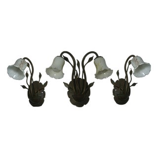 Art Nouveau Floral Brass Sconces with Opaline Glass Shades, 1970s, Set of 3 For Sale