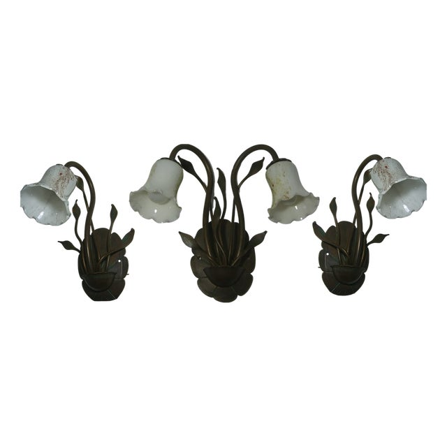 Art Nouveau Floral Brass Sconces with Opaline Glass Shades, 1970s, Set of 3 For Sale